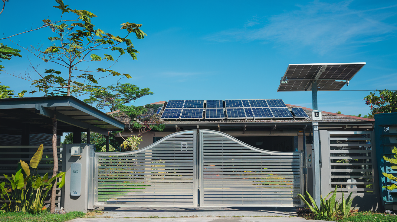 Modern automated gate with smart technology and solar panels enhancing security and convenience in a residential setting