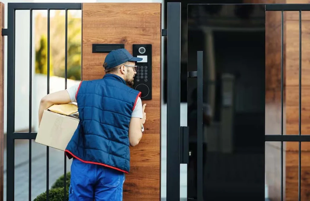 A delivery person using a keypad to open an automatic gate, highlighting one of the common issues with automatic gates, such as malfunctioning keypads or access control systems.