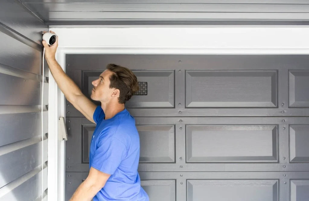 Technician installing security camera on garage exterior Gate Installation Services in Austin, TX