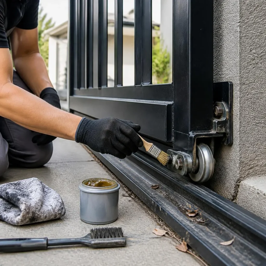 Technician performing automatic gate maintenance by lubricating rollers and cleaning tracks