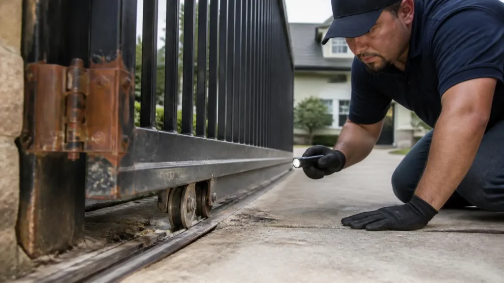 Common electric gate problems including rust damaged rollers and bent track