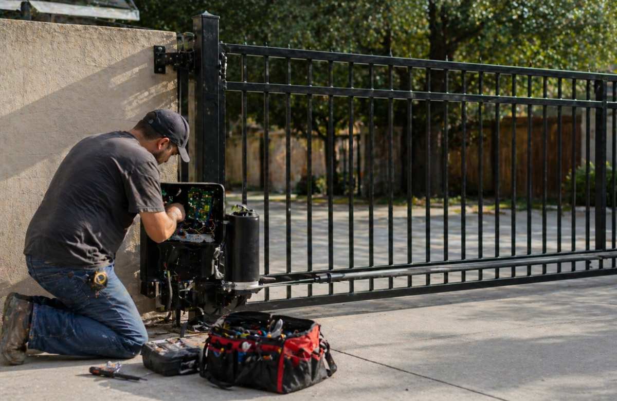 Gate repair technician working on a driveway gate in Austin, TX