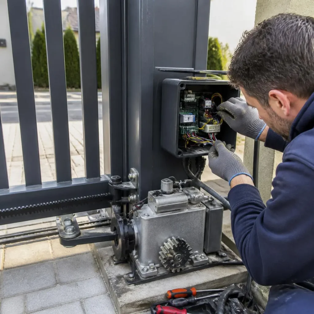 Technician inspecting an automatic gate opener after storm damage