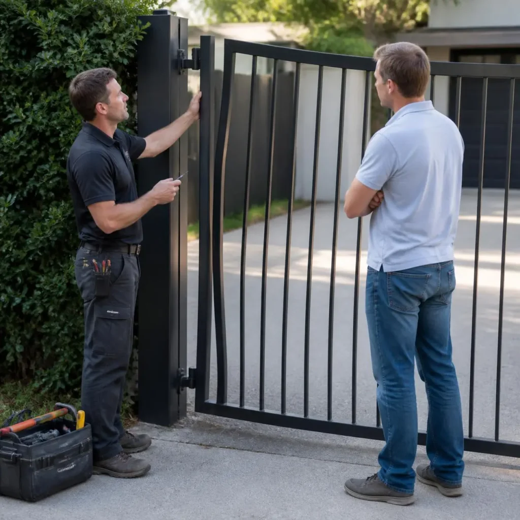 Professional inspecting a storm-damaged gate frame before repair