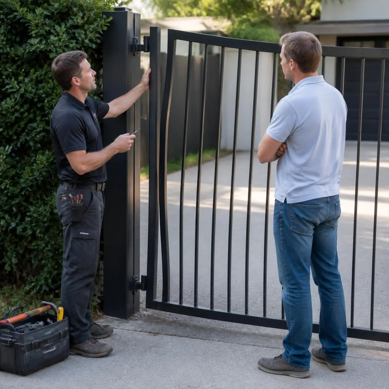 Technician inspecting a gate frame in Austin, TX