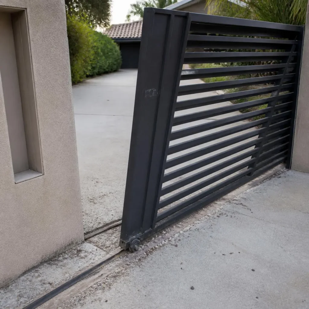 Sliding gate off its track after heavy rain and storm debris